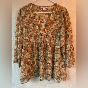 Skye’s The Limit rayon blend yellow brown gray babydoll style blouse; size XL